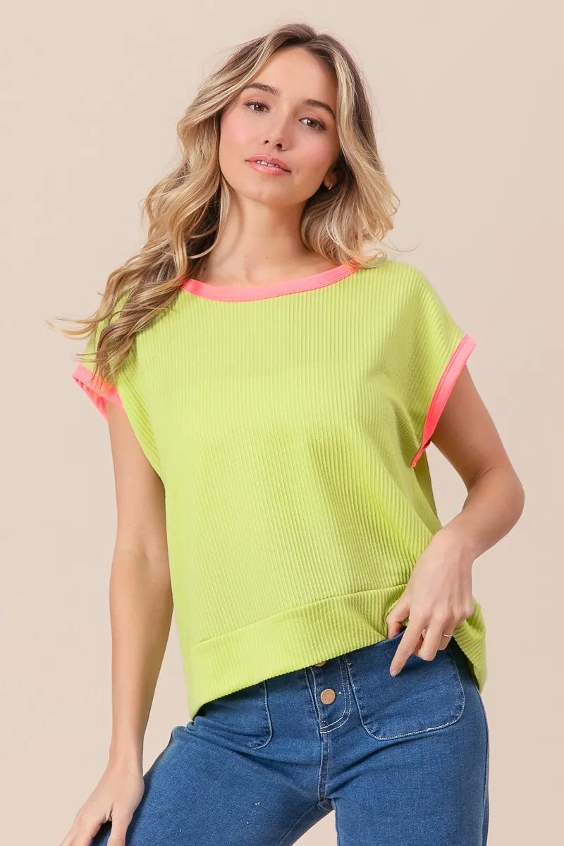 BiBi Cord Rib Knit Contrast Banded Top - Love Salve